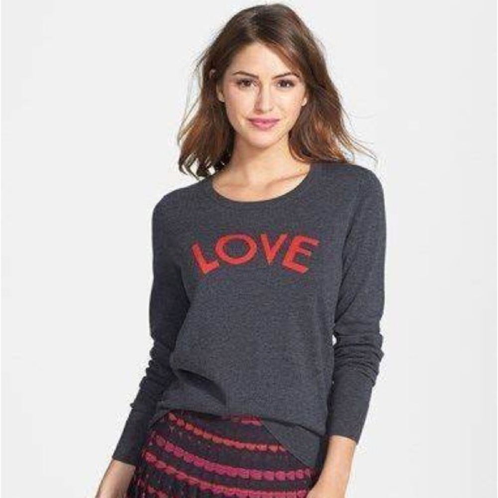 HALOGEN Valentines LOVE Sweater Gray Red Graphic Cotton Blend